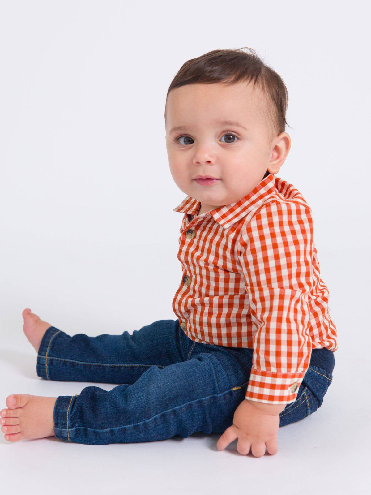 Baby Boys Classic Rust Gingham Long Sleeve Button Down Bodysuit: Orange