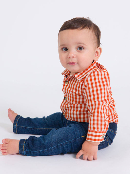 Baby Boys Classic Rust Gingham Long Sleeve Button Down Bodysuit: Orange