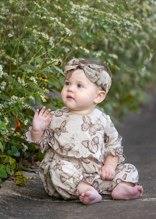 Miss Maple Long Sleeve Butterfly Print Tiered Romper: Brown