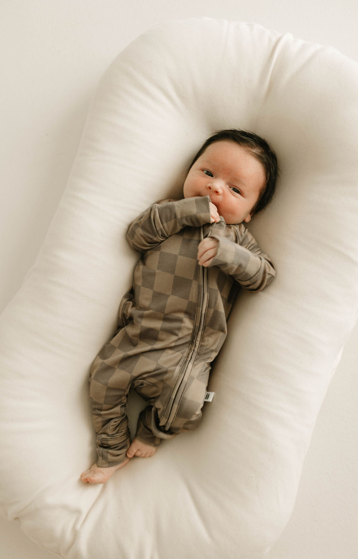 Bamboo Zip Pajamas | Faded Brown Checkerboard: Newborn