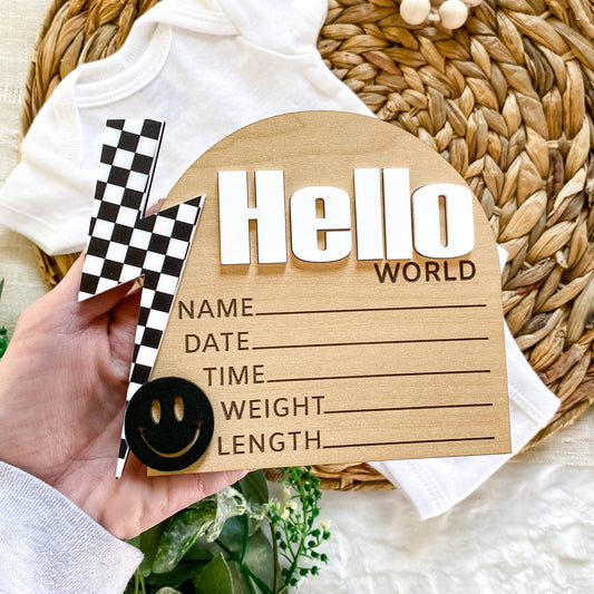 Hello World Birth Stat Sign - Checkered Bolt: Black