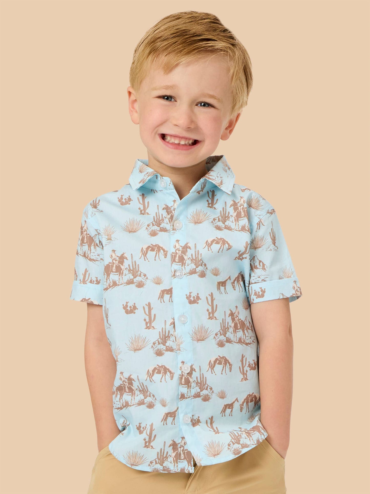 Boys Blue Western Trail Toile Short Sleeve Button Down Shirt: Blue
