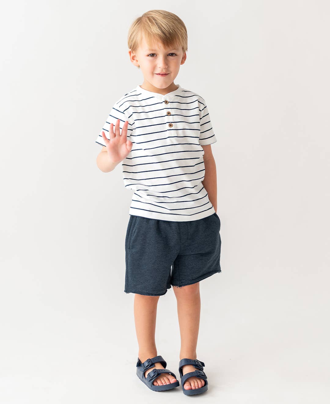 Boys White & Navy Stripe Short Sleeve Henley: Blue / 2T