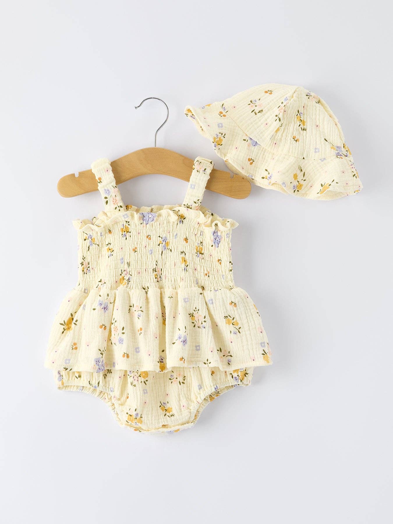 Muslin Floral Smocked Baby Romper with Matching Hat: 6M