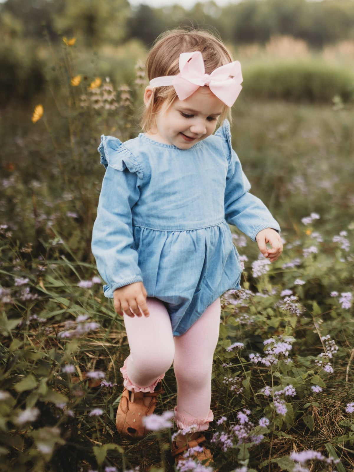 Baby Girls Light Wash Long Sleeve Flutter Bubble Romper: Blue