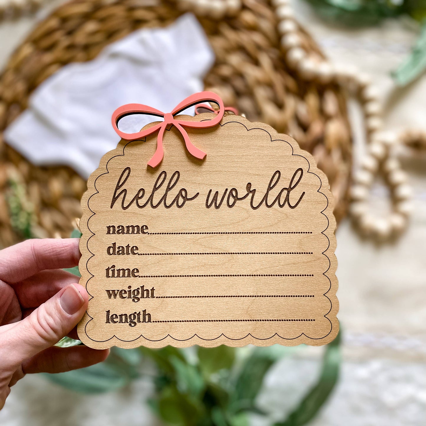Hello World Birth Stat Sign - Dainty Bow: Blush