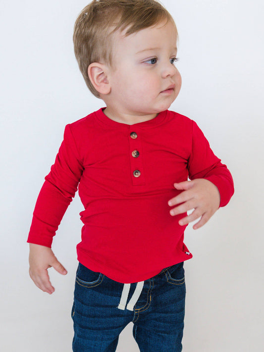 Boys Red Knit Long Sleeve Henley Tee: Red