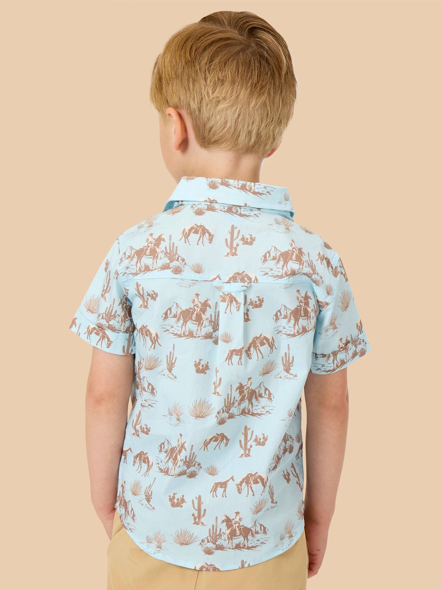 Boys Blue Western Trail Toile Short Sleeve Button Down Shirt: Blue