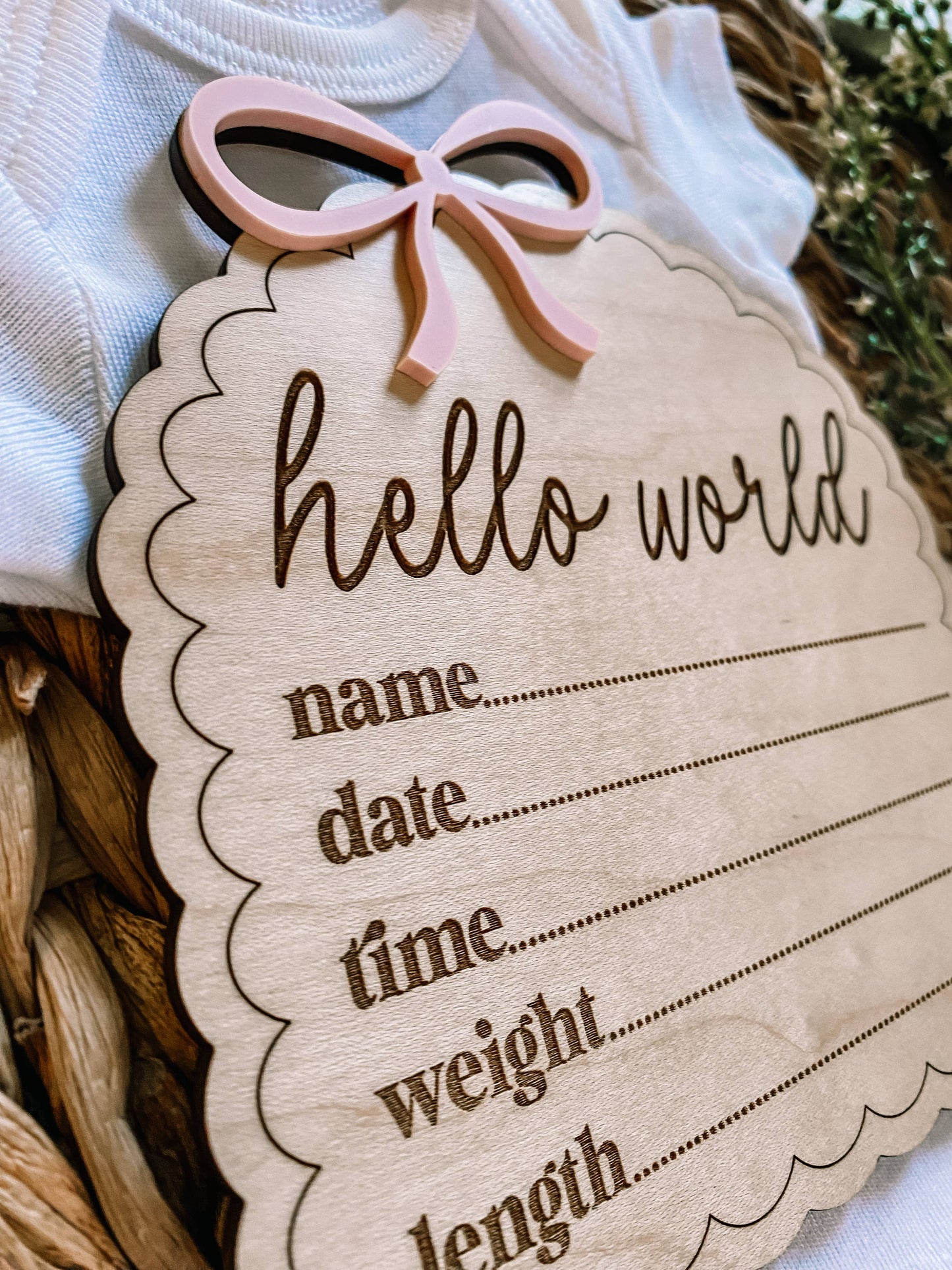 Hello World Birth Stat Sign - Dainty Bow: Blush