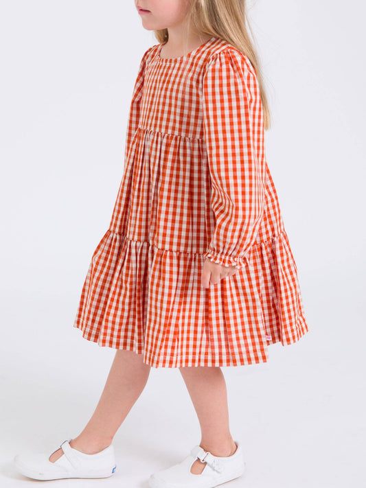 Girls Classic Rust Gingham Woven Long Sleeve Tiered Twirl Dress: Orange