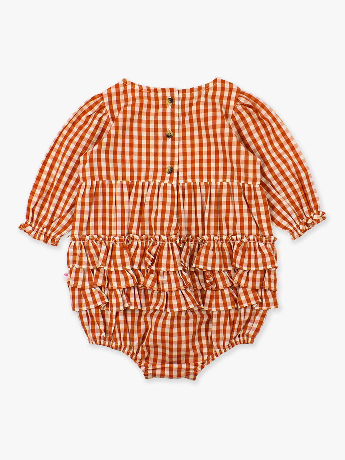 Baby Girls Classic Rust Gingham Woven Long Sleeve Bubble Romper: Orange