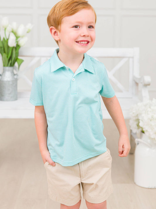 Boys Marine Green Micro Stripe Knit Short Sleeve Performance Polo: Green