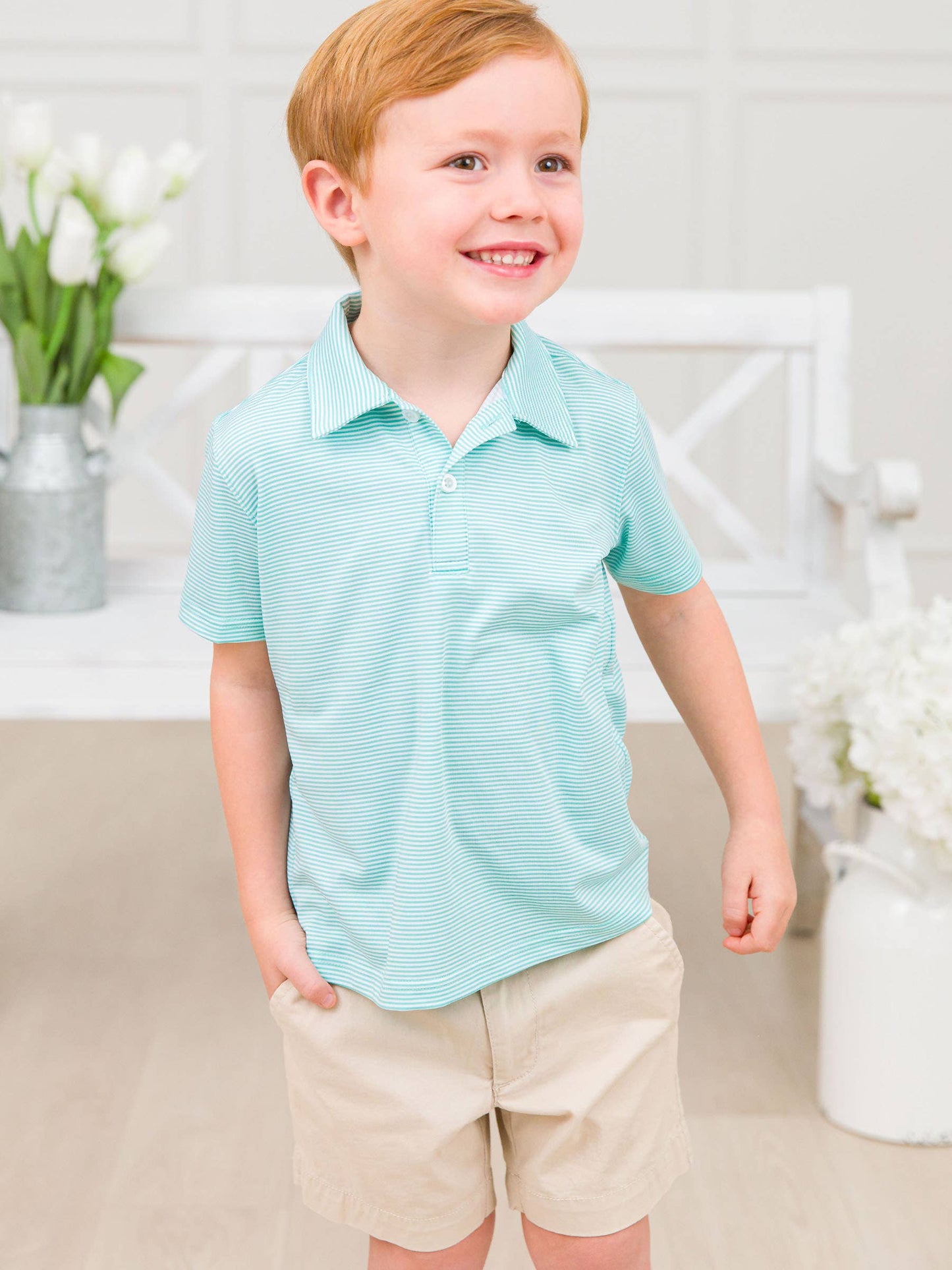 Boys Marine Green Micro Stripe Knit Short Sleeve Performance Polo: Green / 5