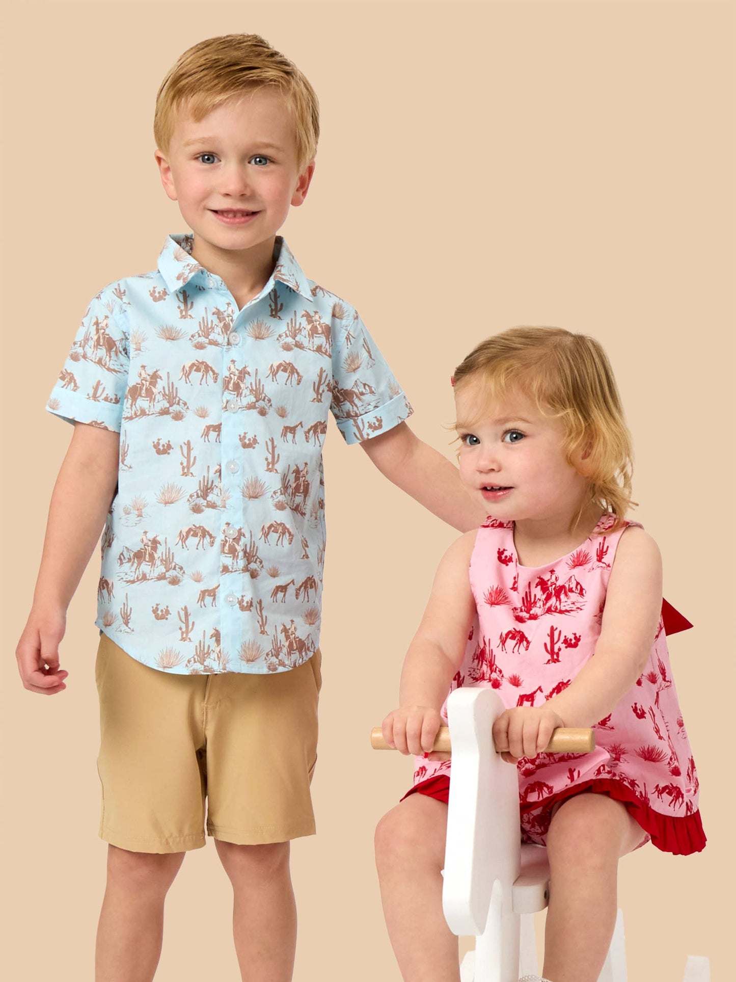 Boys Blue Western Trail Toile Short Sleeve Button Down Shirt: Blue